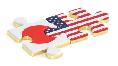 Japan and USA puzzles from flags, 3D rendering